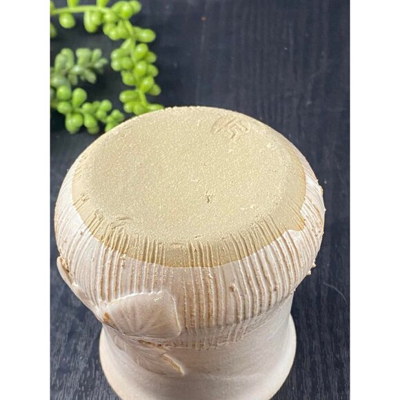 Studio Pottery Clay Mug JT Applied Leaf and Vine Design Cream Ribbed - Picture 8 of 9